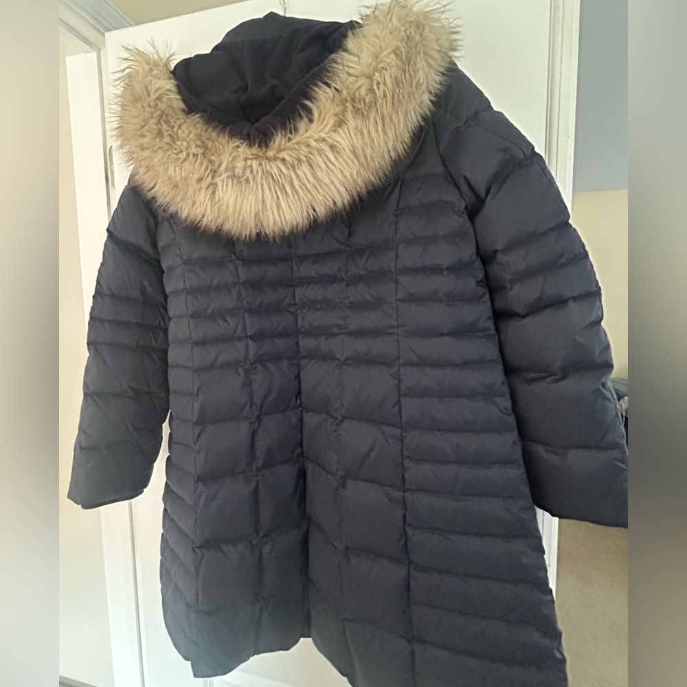 Talbots Navy Down Puffer Long Women’s Coat with Faux Fur Hood L Down lining - Picture 2 of 9